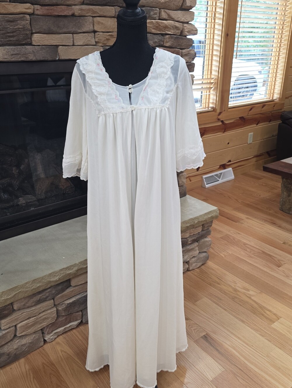 Vintage Women's White Lace-Trim Nightgown With Robe. Grandma Cottagecore Sz Sm